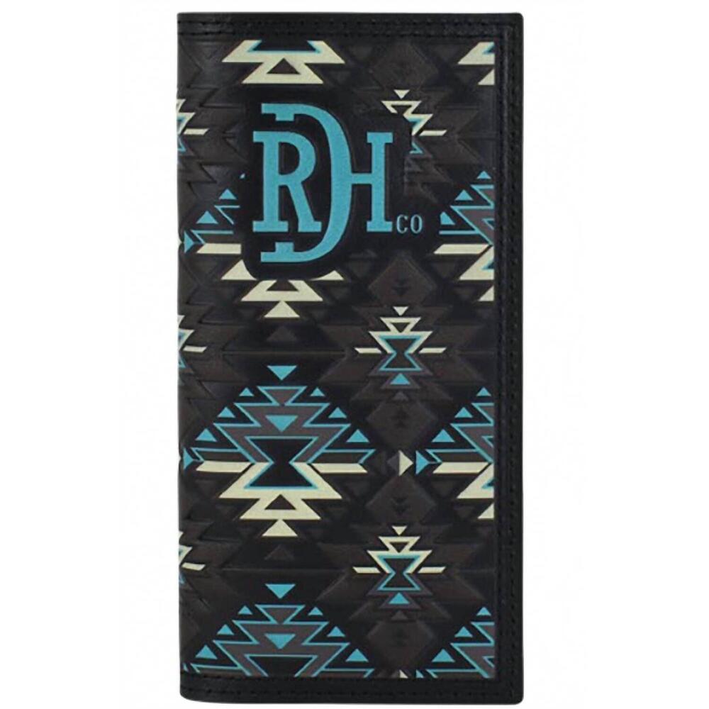 NEW RED DIRT HAT COMPANY men's genuine leather aztec design wallet in black/turq
